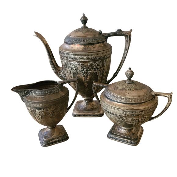 Derby Silver Company Plated Ornate Vintage Tea Set Water Pitcher Sugar Creamer - Picture 1 of 9